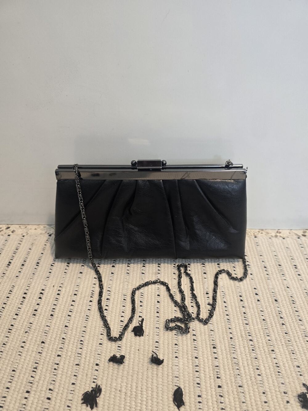 Gunne Sax Black Pleated Leather Evening Clutch With Gunmetal Chain bag crossbody